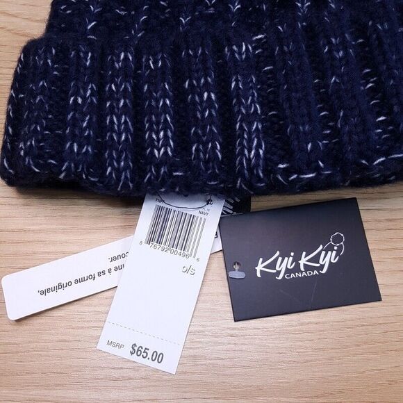 KYI KYI CANADA Womens Hat Blue Beanie Fold Up Chunky Knit Faux Fur Pom Pom $65 - Picture 3 of 5